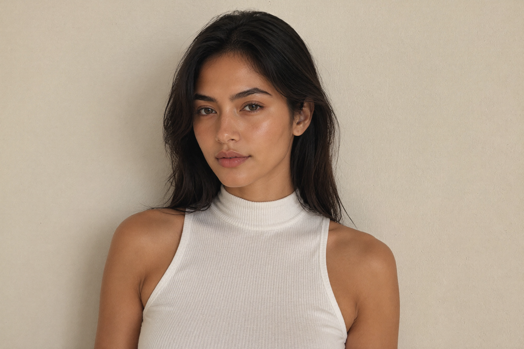 Editorial beauty portrait — dewy glow, Wellness on Screen campaign
