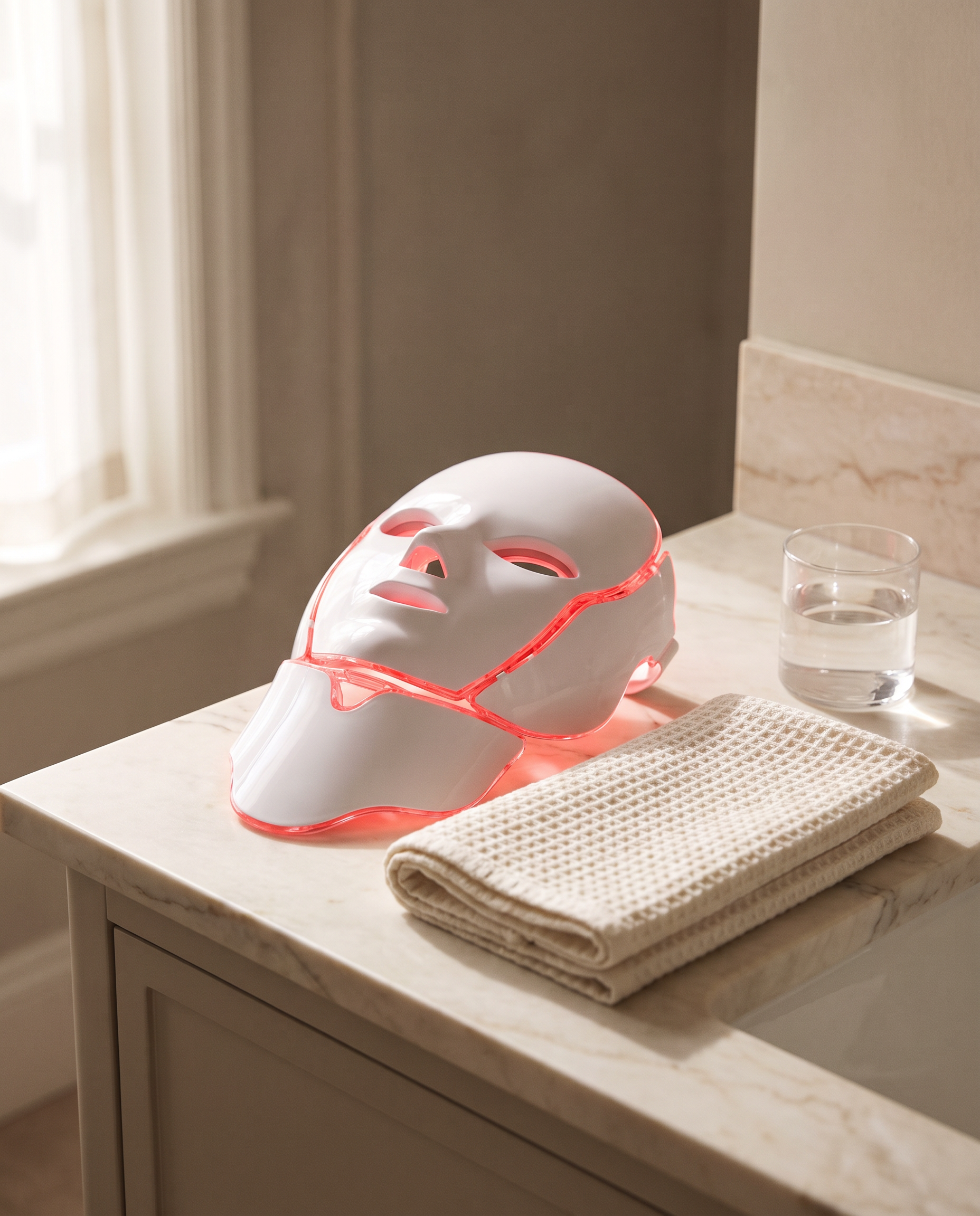 Photon LED mask resting on a marble vanity beside an ivory towel, morning light