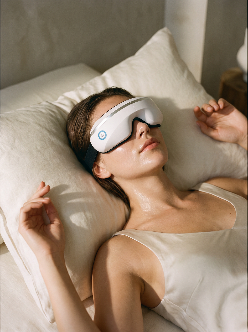 Woman relaxing on linen pillows wearing the Smart Eye Massager