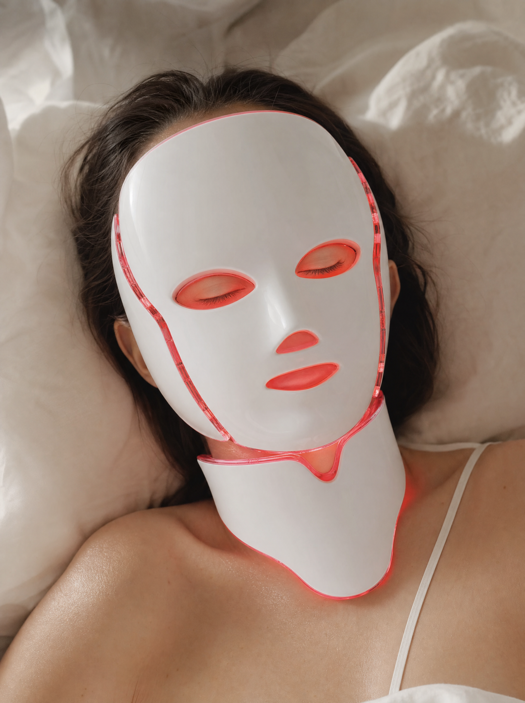 Woman lying on cream linen wearing the Photon LED light therapy mask with neck panel, red light mode