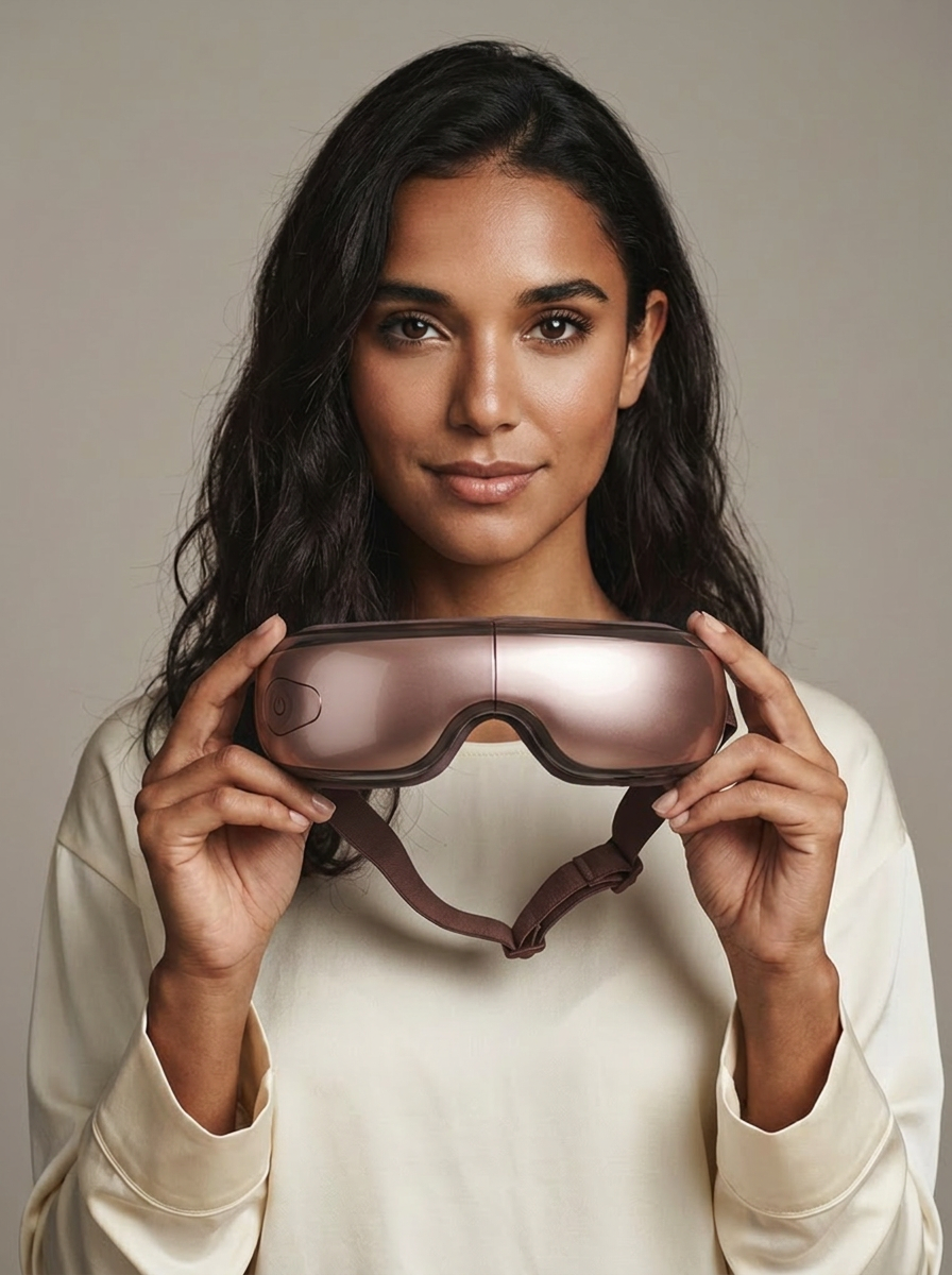 Woman using the new eye massage glasses, hold shot