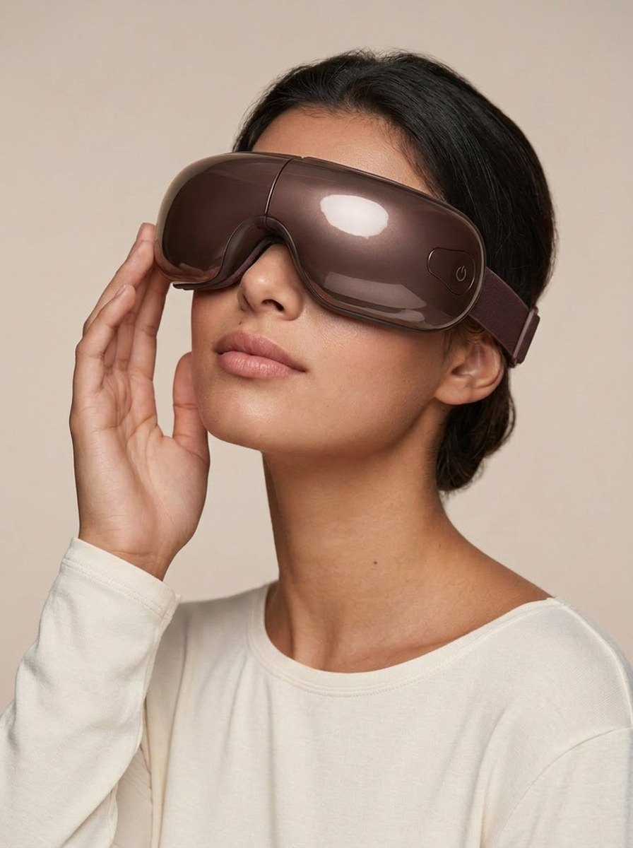 Close-up of woman wearing the new eye massage glasses