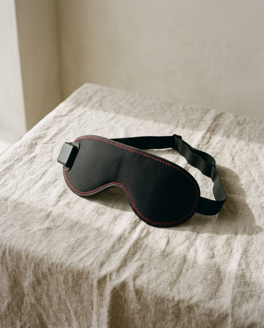 Heated eye mask for dry eyes resting on linen, showing adjustable strap and control unit