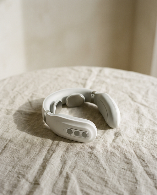 Smart neck and shoulder massager resting on linen, showing the white collar and control buttons