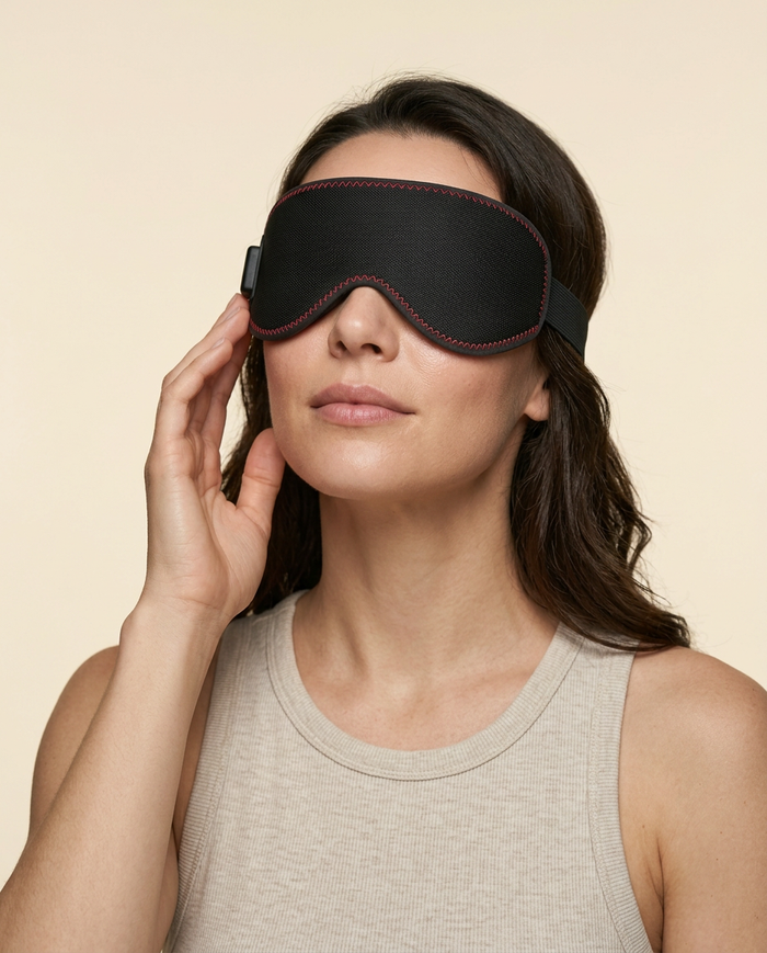 Model wearing the Wellness on Screen heated eye mask against a warm cream studio backdrop