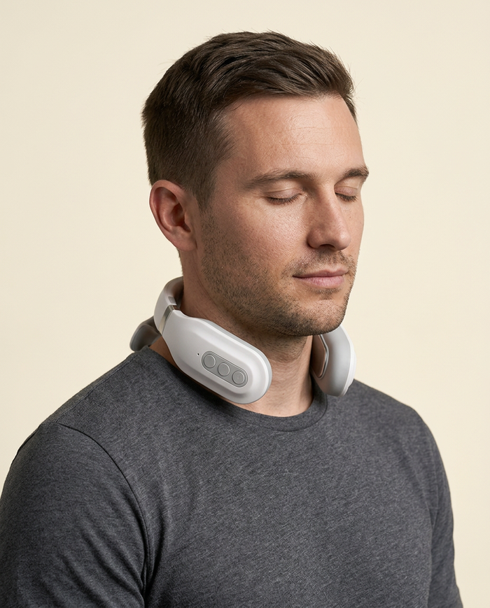 Model wearing the Wellness on Screen smart neck and shoulder massager against a warm cream studio backdrop