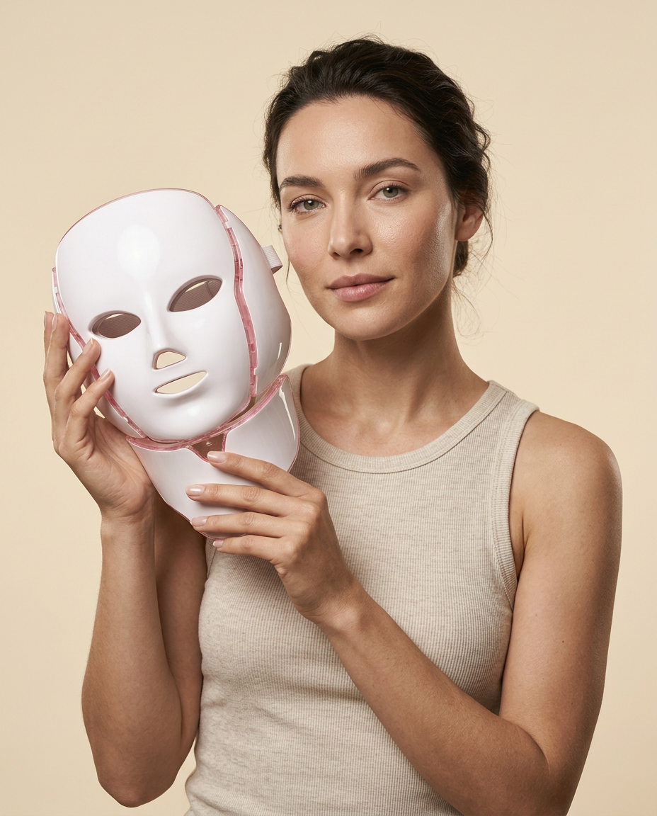 Model holding the Photon LED light therapy mask against a warm cream studio backdrop