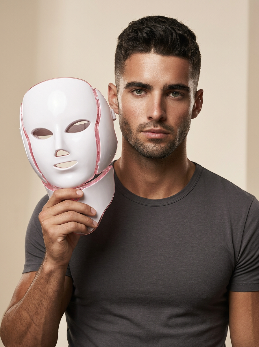 Man holding the Photon LED light therapy mask with neck panel, showing the full face and neck coverage